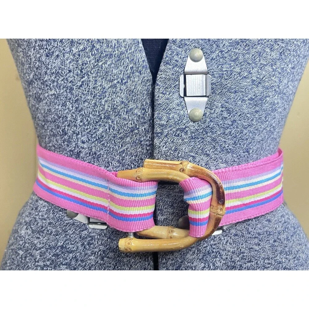 Vintage 1970s Preppy Nautical Pink Rainbow Stripe Belt W/Bamboo Buckle 39”